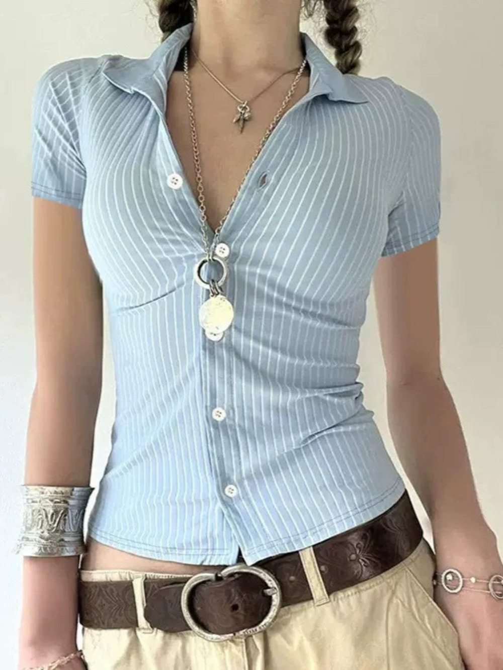 Zara Blue White Vertical Stripe Button Collar Slim Fit Short Sleeve Shirt